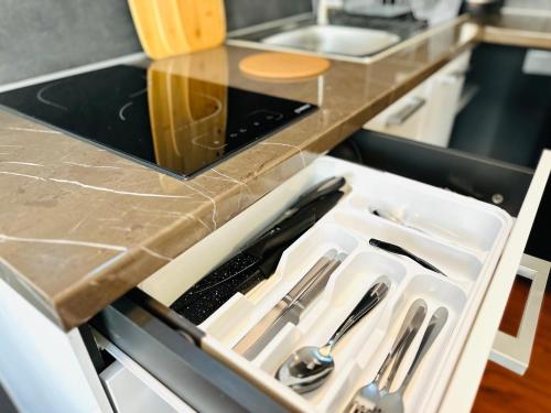 a kitchen counter with a sink with utensils at Keli Apartments Zentrum Oldenburg in Oldenburg
