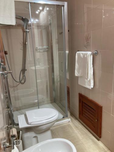 ein Bad mit einer Dusche, einem WC und einem Waschbecken in der Unterkunft B&B La Terrazza Dell'Itria in Modica