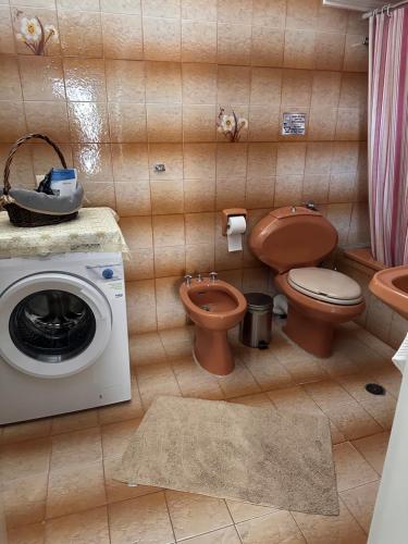 uma casa de banho com um WC e uma máquina de lavar roupa em Kiwi Traditional House em Litochoro