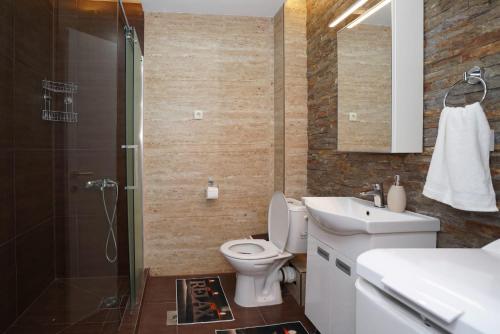 a bathroom with a toilet and a sink and a shower at Todor Apartmani in Kladovo