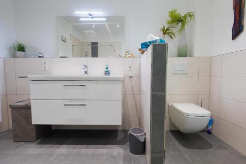 ein weißes Bad mit einem Waschbecken und einem WC in der Unterkunft NEU - MoselAUSZEIT Traben in Traben-Trarbach