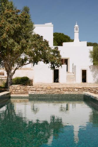 a house with a pool of water in front of a house at Solar do Bisavô in Bordeira