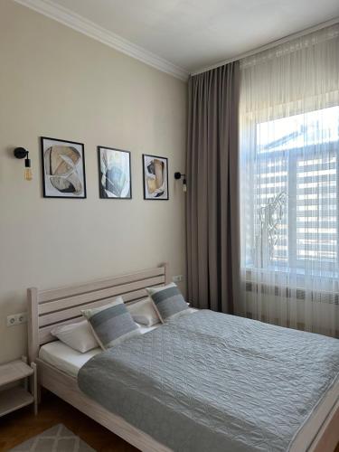 um quarto com uma cama grande e uma janela em Апартаменти Тобілевича 3 em Lviv