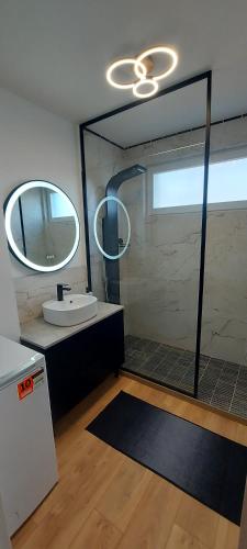 une salle de bain avec un lavabo et un miroir dans l'établissement Nouvel Appartement à 10mn à pied du Centre-Ville, à Albi