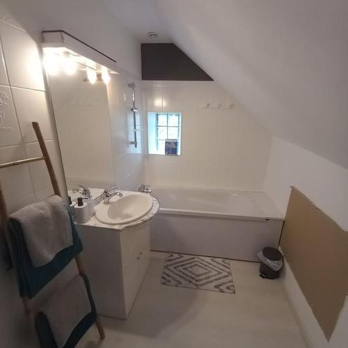 een badkamer met een wastafel en een bad bij gîte le petit roussel in Putanges