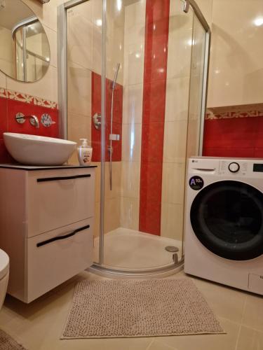 ein Badezimmer mit einer Waschmaschine und einer Waschmaschine in der Unterkunft Butas in Kaunas