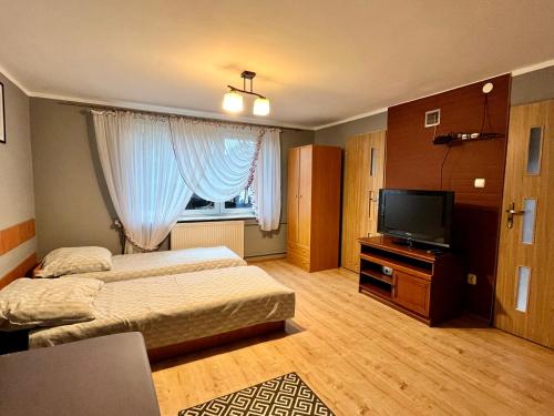 Habitación de hotel con 2 camas y TV en Agrodębina, en Nowa Słupia