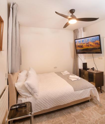 a bedroom with a bed and a ceiling fan at Exclusive Jerusalem Villa in Jerusalem