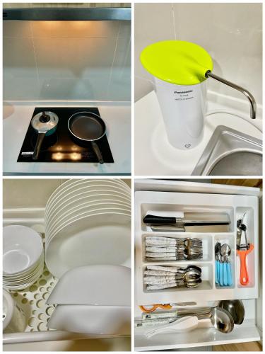 a collage of four pictures of a kitchen sink at KSL City Mall 6-20pax Private Lift-Netflix-SmartTV 70inch in Johor Bahru