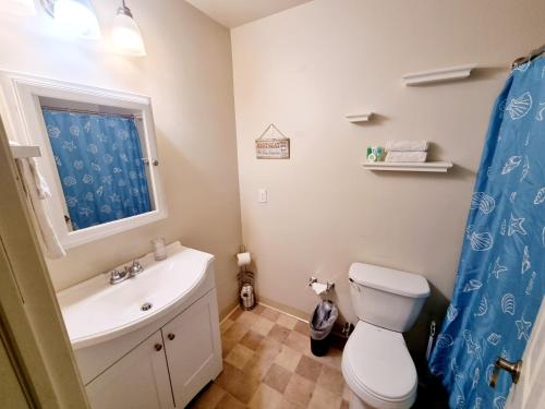 a bathroom with a toilet and a sink and a window at Lovely Spacious 1br Apt With Patio in Philadelphia