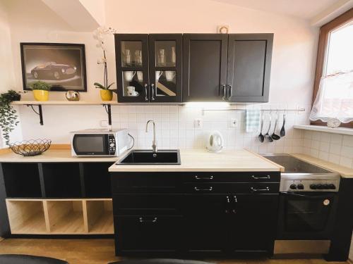 a kitchen with black cabinets and a sink at Residence Hattrick in Prague