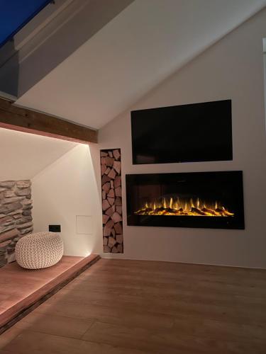 uma sala de estar com lareira e televisão em Mellie`s Ferienwohnung Willingen em Willingen