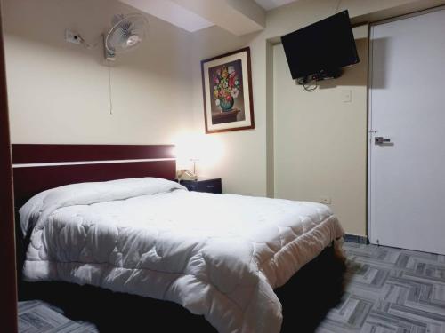 um quarto com uma cama e uma televisão de ecrã plano em Hotel Perú Pacífico em Lima