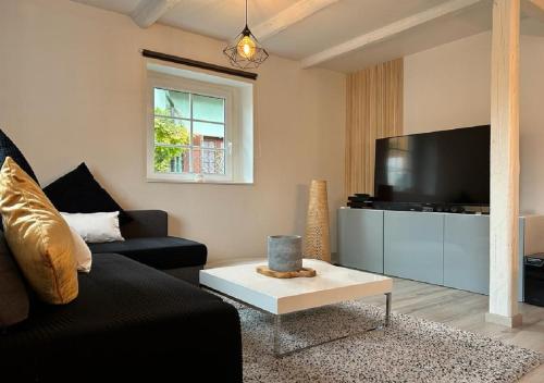 un salon avec un canapé et une télévision à écran plat dans l'établissement Charmant Cottage de village, à Wittisheim