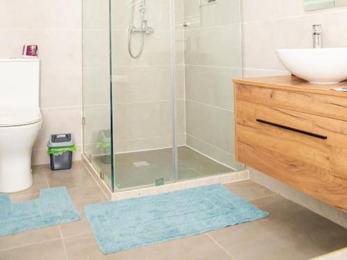 a bathroom with a shower and a sink and two blue mats at SERENE HAVEN RETREAT in Accra