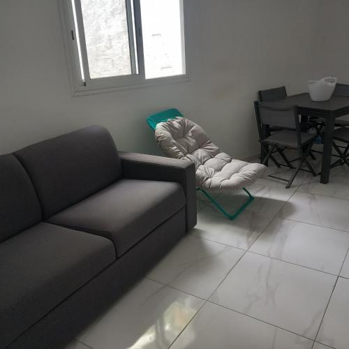 ein Wohnzimmer mit einem Sofa, einem Stuhl und einem Tisch in der Unterkunft Chez loulou in Sainte-Marie