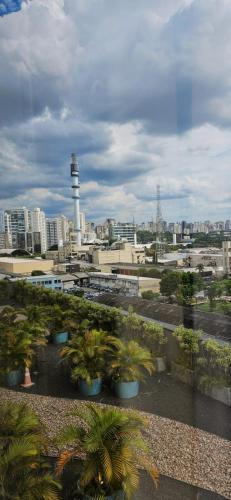 a view of a city with palm trees and a lighthouse at Rio Hotel by Bourbon Sao Paulo in Sao Paulo