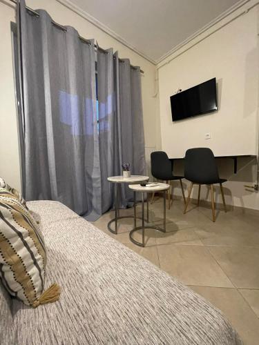 雅典的住宿－Cozy Apartment In The Heart Of Athens，一间卧室配有一张床和一台平面电视