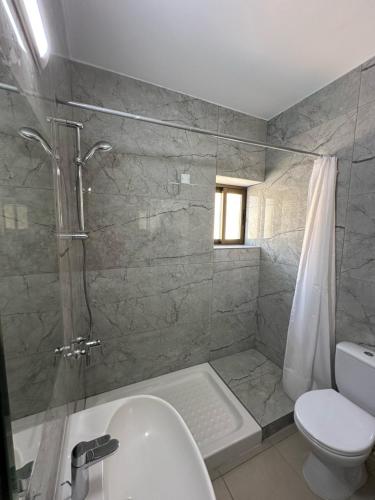 ein Bad mit einer Dusche, einem WC und einem Waschbecken in der Unterkunft Dimma Seaside Houses in Paphos City
