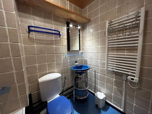 ein Badezimmer mit einem WC und einem blauen Waschbecken in der Unterkunft Studio Les Menuires, 1 pièce, 2 personnes - FR-1-452-264 in Les Menuires