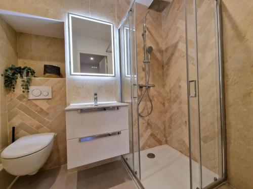 a bathroom with a shower and a toilet and a sink at BELAZUR Entre plage et port in Bandol