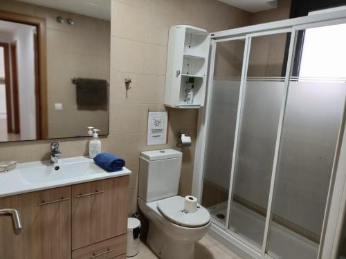 a bathroom with a shower and a toilet and a sink at Piso Andrea in Lloret de Mar