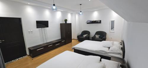 a room with two beds and a tv and two chairs at Hillside in Oradea