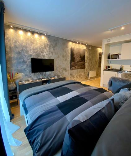 a bedroom with a large bed and a flat screen tv at Experience a Cozy Getaway Near Pulpit Rock-A unit in Strand
