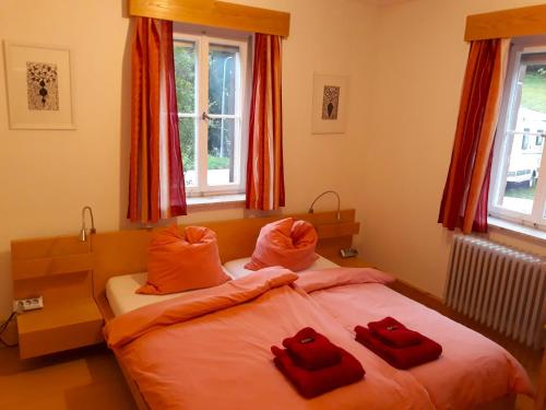 a bedroom with two beds with red pillows on them at Haus Schneider in Baiersbronn