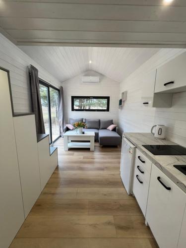 a kitchen and living room of a tiny house at W Sosnach in Tokarnia