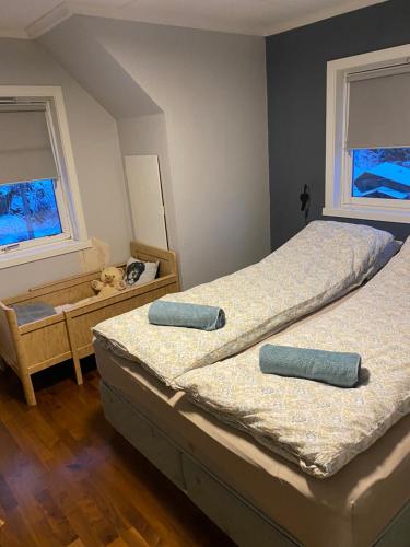 two twin beds in a room with two windows at Peaceful Riverfront Home with Views in Ålgård