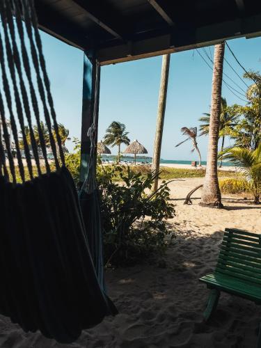 a hammock on a beach with a view of the ocean at Anda Di Hows Hostel in Placencia Village