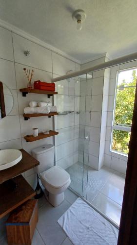 uma casa de banho com um WC e uma cabina de duche em vidro. em Casa aconchegante em meio a natureza em Caxias do Sul