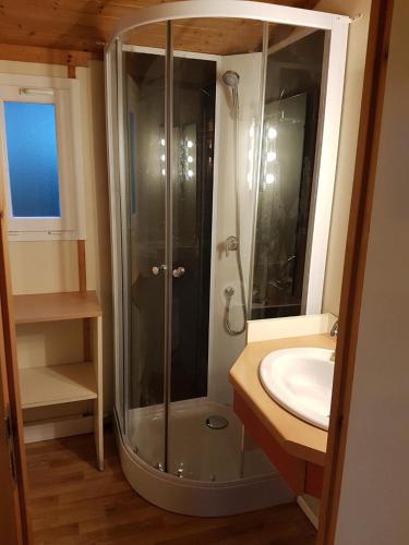 une salle de bain avec douche et lavabo dans l'établissement AGDE chalet sénérité piscine clim 6 PL, à Agde