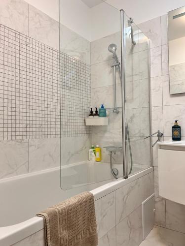 a bathroom with a shower and a tub and a sink at Elegance in Bucharest