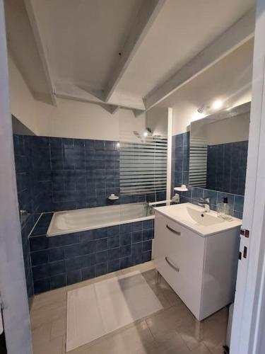 une salle de bain avec une baignoire et un lavabo et une baignoire dans l'établissement Appt lumineux, vue place Vival, à Figeac