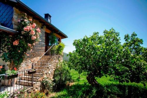 una casa de piedra con una escalera y un árbol en Ferienhaus für 12 Personen in Carucedo, Kastilien-Leon Provinz Len, en Carucedo