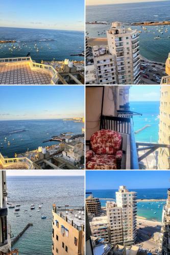 four different pictures of buildings and the ocean at شقه فى ميامى بالاسكندريه مطله على البحر in Alexandria