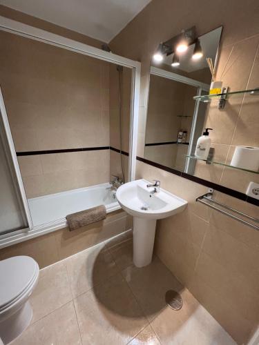 ein Bad mit einem Waschbecken, einer Dusche und einem WC in der Unterkunft Apartamento Jardín de Atalaya in Camas