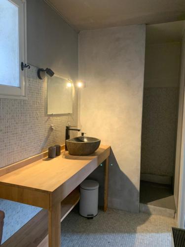 a bathroom with a sink on a wooden counter at Maison de Vacances La Commanderie in Mormoiron