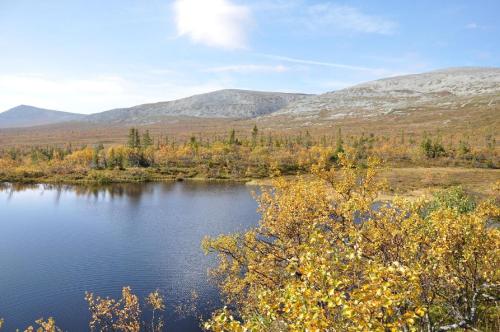 a view of a lake with mountains in the background at Charmantes modernes Blockhaus mit Kamin in Galåbodarna