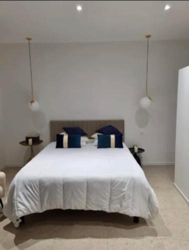 une chambre avec un grand lit blanc avec des oreillers bleus dans l'établissement Love Room stéphanoise, à Saint-Étienne