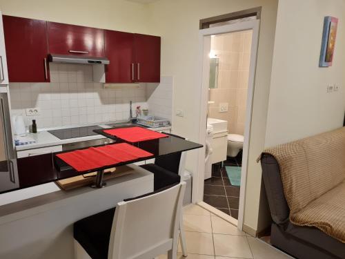 a small kitchen with red counter tops and a sink at Apartma Istra Zora in Sečovlje