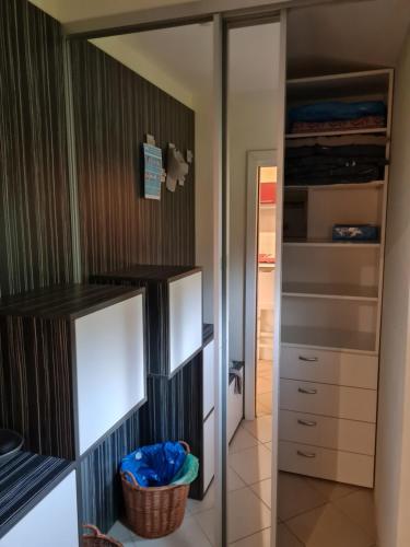 a bedroom with a walk in closet at Apartma Istra Zora in Sečovlje