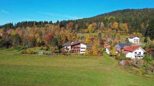 an aerial view of a house in a field at Ferienwohnung in Schlag mit Großer Terrasse in Kirchdorf im Wald