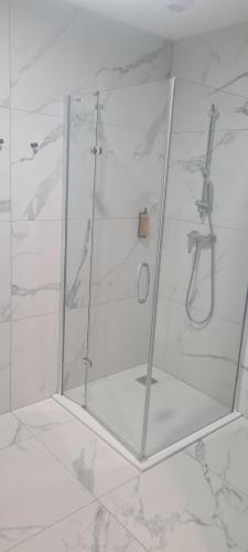 a shower with a glass door in a bathroom at Czarna Perła Apartamenty Czarna Góra 402 in Sienna