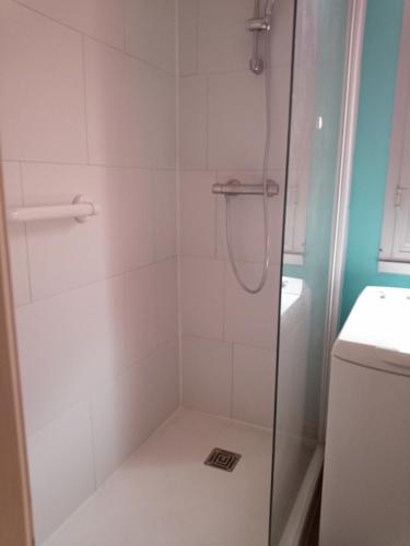 une douche avec une porte vitrée à côté des toilettes dans l'établissement Studio rénové vue montagne, à Amélie-les-Bains-Palalda