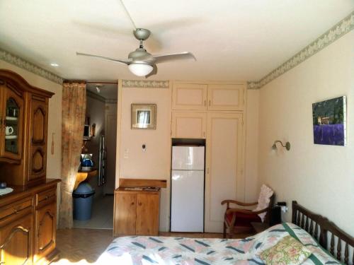 - une chambre avec un lit et un réfrigérateur blanc dans l'établissement Studio Petite Provence vacances ou cure vue montagne, à Amélie-les-Bains-Palalda