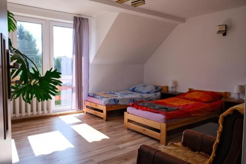 a bedroom with two beds and a large window at Pokoje u Ani in Srokowo