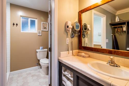 a bathroom with a sink and a toilet and a mirror at Cambria Pines Lodge in Cambria
